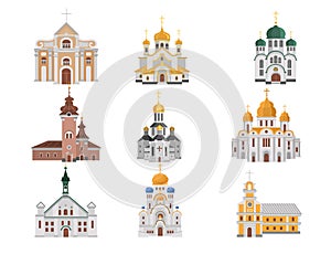 Cartoon set of churches with different denominations