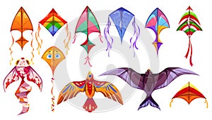 Cartoon set of colorful kites isolated on white