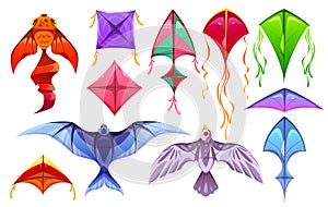 Cartoon set of colorful kites isolated on white