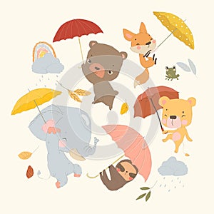 Cartoon Set with Cute Animals holding Colorful Umbrellas