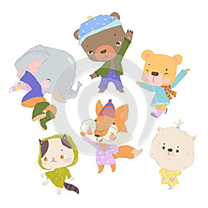 Cartoon Set with Cute Animals wearing Colorful Trenchcoats