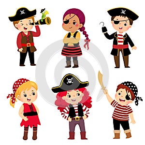 Cartoon set of cute kids dressed in pirate costumes