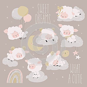 Cartoon Set with Cute Lambs sleeping on Clouds
