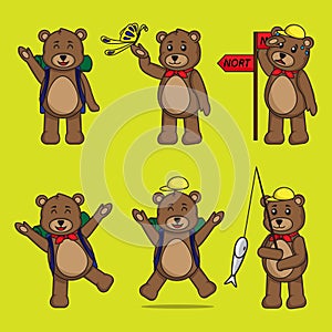 cartoon set cute teddy bear in different hiking poses