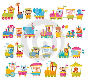 Cartoon set with different animals on trains. Fox, giraffe, monkey, elephant, koala, bunny, tiger, behemoth, parrot photo