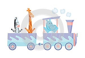 Cartoon set with different animals on trains. Hippopotamus giraffe and zebra. Flat vector elements for postcard, book or