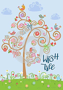 Cartoon set of different colorful birds on wish tree blue background in flat style. Vector illustration.