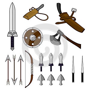 Cartoon Set of Different Weapons isolated on white background. Shield,Bow, Axe, Sword, Dagger, Stylet, Knife. Medieval Equipment.