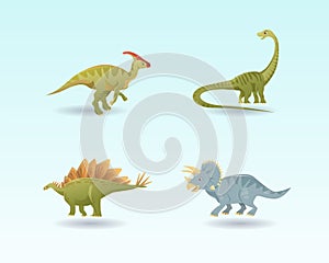 Cartoon set of dinosaurs. Collection of cute dinosaur icons. Colored vector herbivores. Flat vector illustration