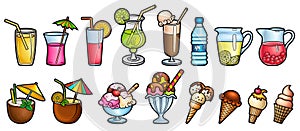 Cartoon set of doodle beverages, ice cream, fruits.