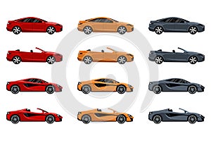 Cartoon set of exclusive sports cars and convertibles. Vector illustration of modern luxury transport