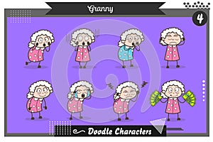 Cartoon Set of Granny Poses and Expressions Vector Illustration