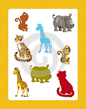 Cartoon set of happy and funny wild african animals - searching game with shadows