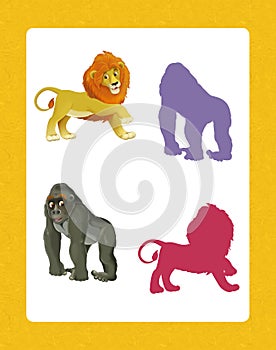 Cartoon set of happy and funny wild african animals - searching game with shadows