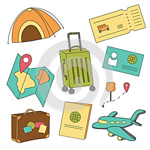 Cartoon set of icons of tourism, air travel, summer vacation planning, adventure