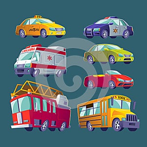 Cartoon set of icons of urban transport. Fire truck, ambulance, police car, school bus, taxi, private cars.