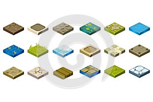 Cartoon set of isometric landscape tiles with different surfaces. Grass, ground, water, bog, stone, ice, dirt, wood