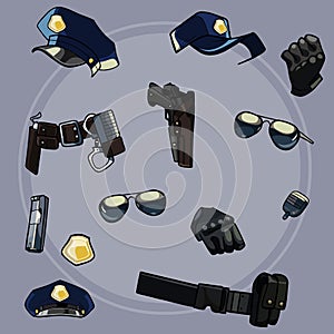 Cartoon set items of uniforms and weaponry of the police
