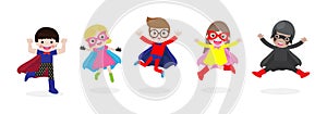 Cartoon set of Kids Super heroes wearing comics costumes. children in Superhero costume characters isolated on white background, v