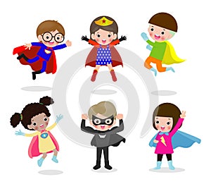 Cartoon set of Kids Superheroes wearing comics costumes, children With Super hero Costumes set, child in Superhero costume