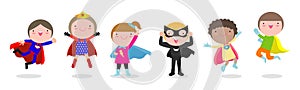 Cartoon set of Kids Superheroes wearing comics costumes, children With Super hero Costumes set, child in Superhero costume