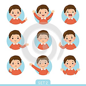 Cartoon set of a little boy in different postures with various emotions. Set 2 of 3