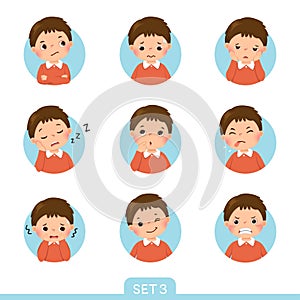 Cartoon set of a little boy in different postures with various emotions. Set 3 of 3