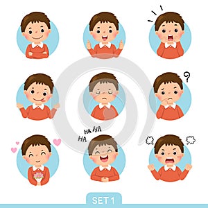 Cartoon set of a little boy in different postures with various emotions. Set 1 of 3