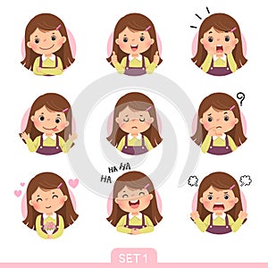 Cartoon set of a little girl in different postures with various emotions. Set 1 of 3