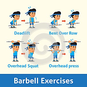 Cartoon set of a man doing barbell exercise step for health