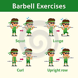 Cartoon set of man doing barbell exercise step for health and fitness