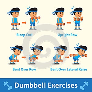 Cartoon set of a man doing dumbbell exercise step for health and fitness