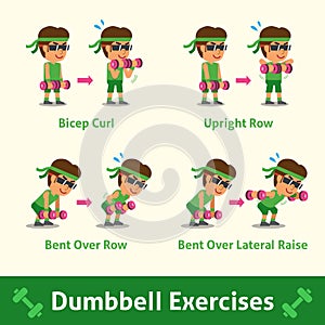 Cartoon set of man doing dumbbell exercise step for health and fitness