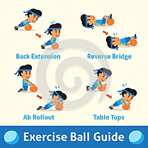 Cartoon set of a man doing exercise ball step for health