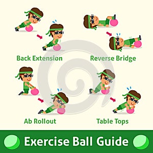 Cartoon set of man doing exercise ball step for health