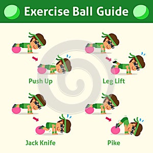 Cartoon set of man doing exercise ball step for health and fitness