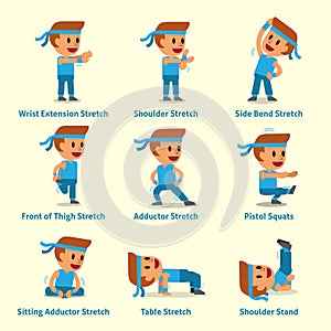 Cartoon set of man doing exercises for health and fitness