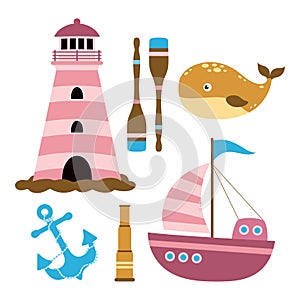 cartoon set in nautical style, vector illustration