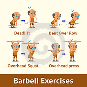 Cartoon set of old man doing barbell exercise step for health