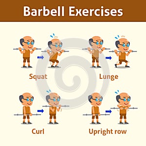 Cartoon set of old man doing barbell exercise step for health and fitness