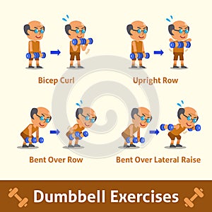 Cartoon set of old man doing dumbbell exercise step for health and fitness