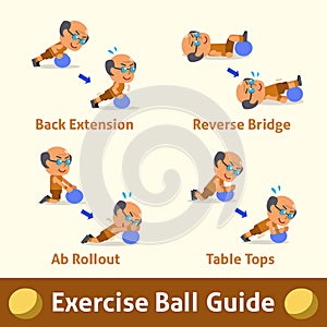 Cartoon set of old man doing exercise ball step for health