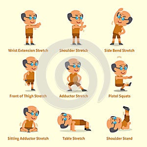 Cartoon set of an old man doing exercises for health and fitness