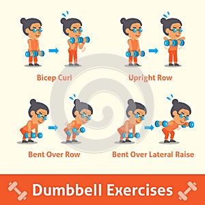 Cartoon set of old woman doing dumbbell exercise step for health and fitness