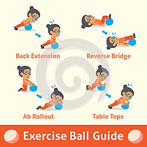 Cartoon set of old woman doing exercise ball step for health