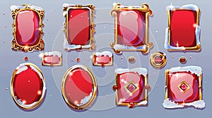 The cartoon set of red game buttons is isolated on a white background with golden frames covered in snow. A rectangle