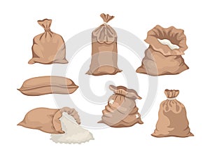 Cartoon Set of Sacks with Flour or Bags with Rice or Salt, Farm Production in Brown Textile Bales, Closed and Open Sacks