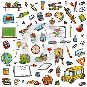 Cartoon set of school objects. Collection of stationery photo