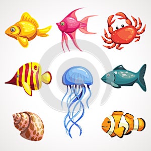 Cartoon set of sea inhabitants. Colored underwater animals.