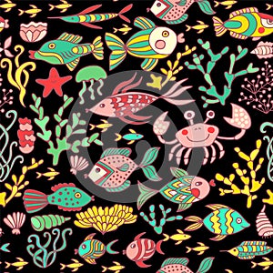 Cartoon set with sea live, vector set. Colorful sea animals, sea world seamless pattern, under water world wallpaper with fish, oc